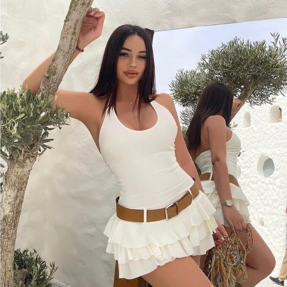 Zara Short Belted Dress With Ruffles Oyster White Brown Belt S 8342/309 New